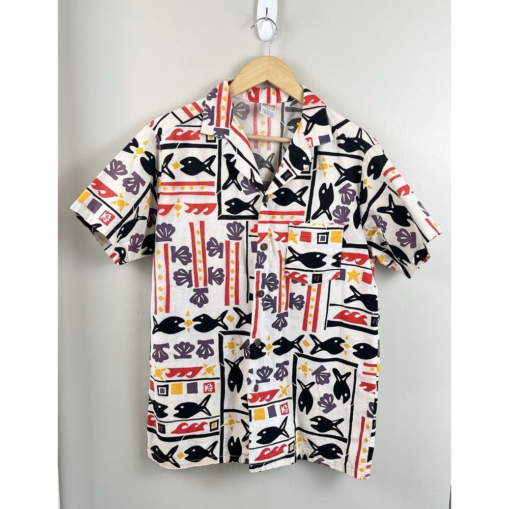 SEA & SKI Vtg Button Up Shirt Men's Lg Abstract All Over Print USA Shirt‎ Sleeve